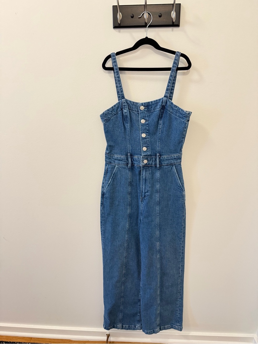 Paige Denim Button-Front Jumpsuit with Straps - Blue